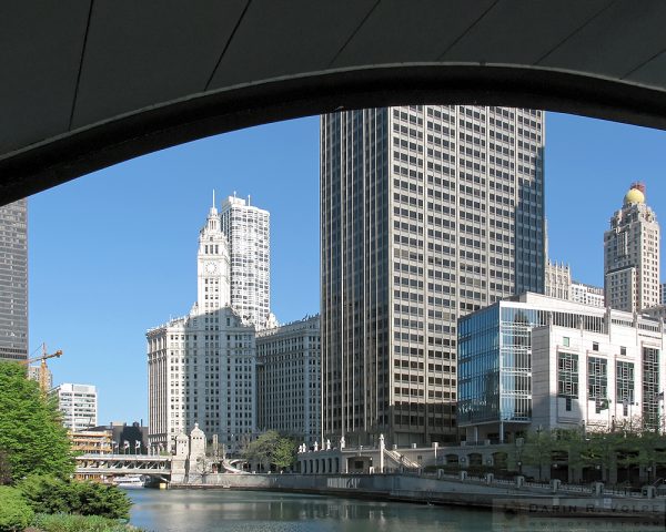 "Under North Columbus Drive" [Buildings along the Chicago River in Chicago, Illinois]