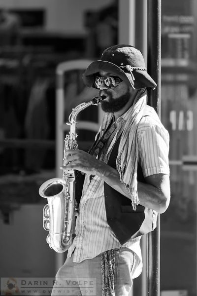 "My Future's So Bright I've Got to Wear Shades BW" [Street Musician in San Luis Obispo, California]