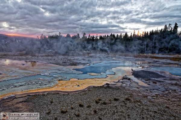 "Sunset at Geyser Hill" [Doublet Pool in Yellowstone National Park, Wyoming]