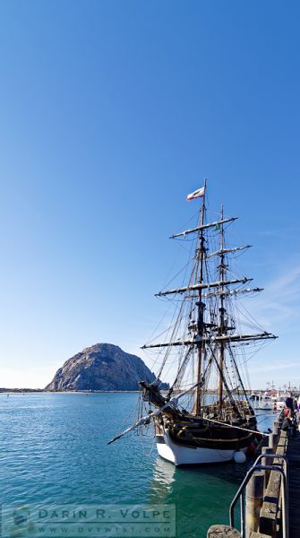 "Every Lady Loves a Big Rock" [Sailing Ship Lady Washington and Morro Rock in Morro Bay, California]