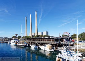 "Waterfront Dining" [Restaurant, Boats, and Power Plant in Morro Bay, California]